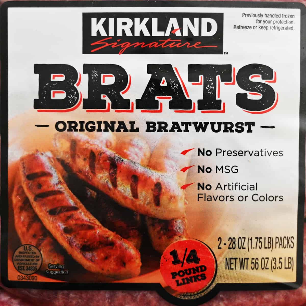 Closeup image of the Kirkland Signature Brats front label.