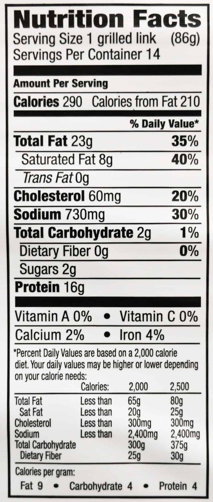 Image of the nutrition facts for the brats from the back of the package.