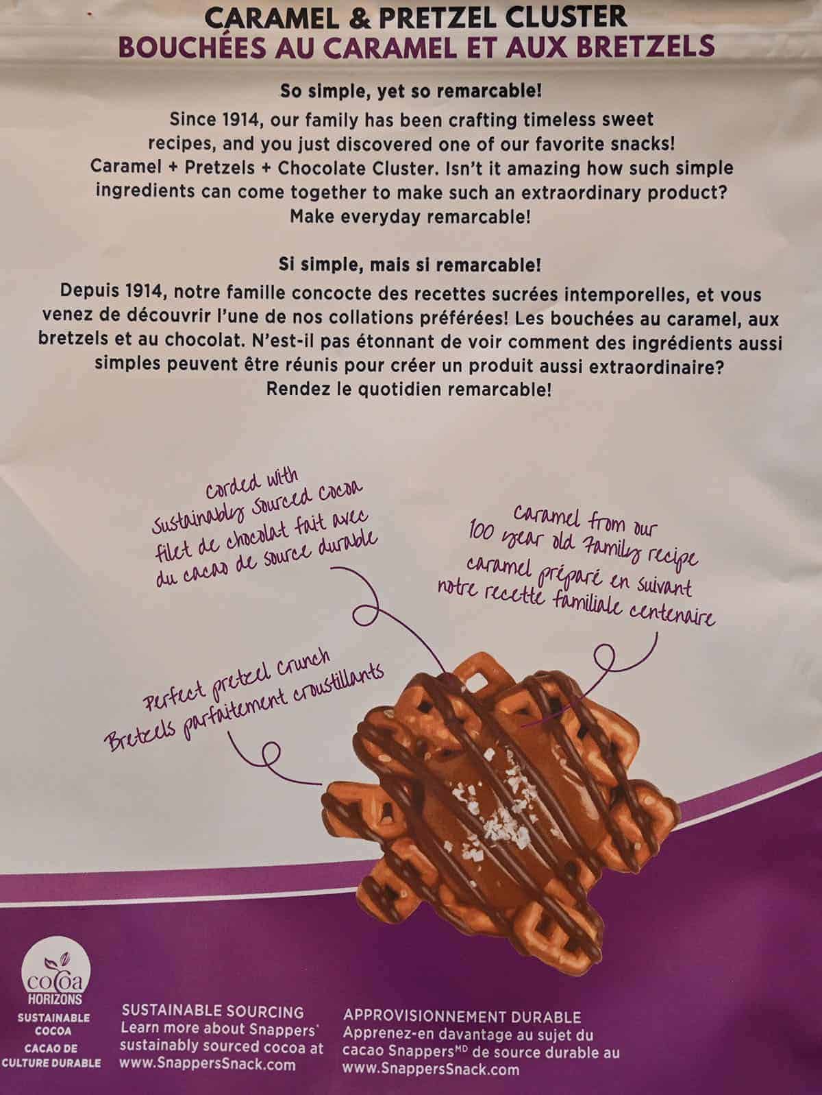 Closeup image of the back of the caramel & pretzel Snappers showing the product description.