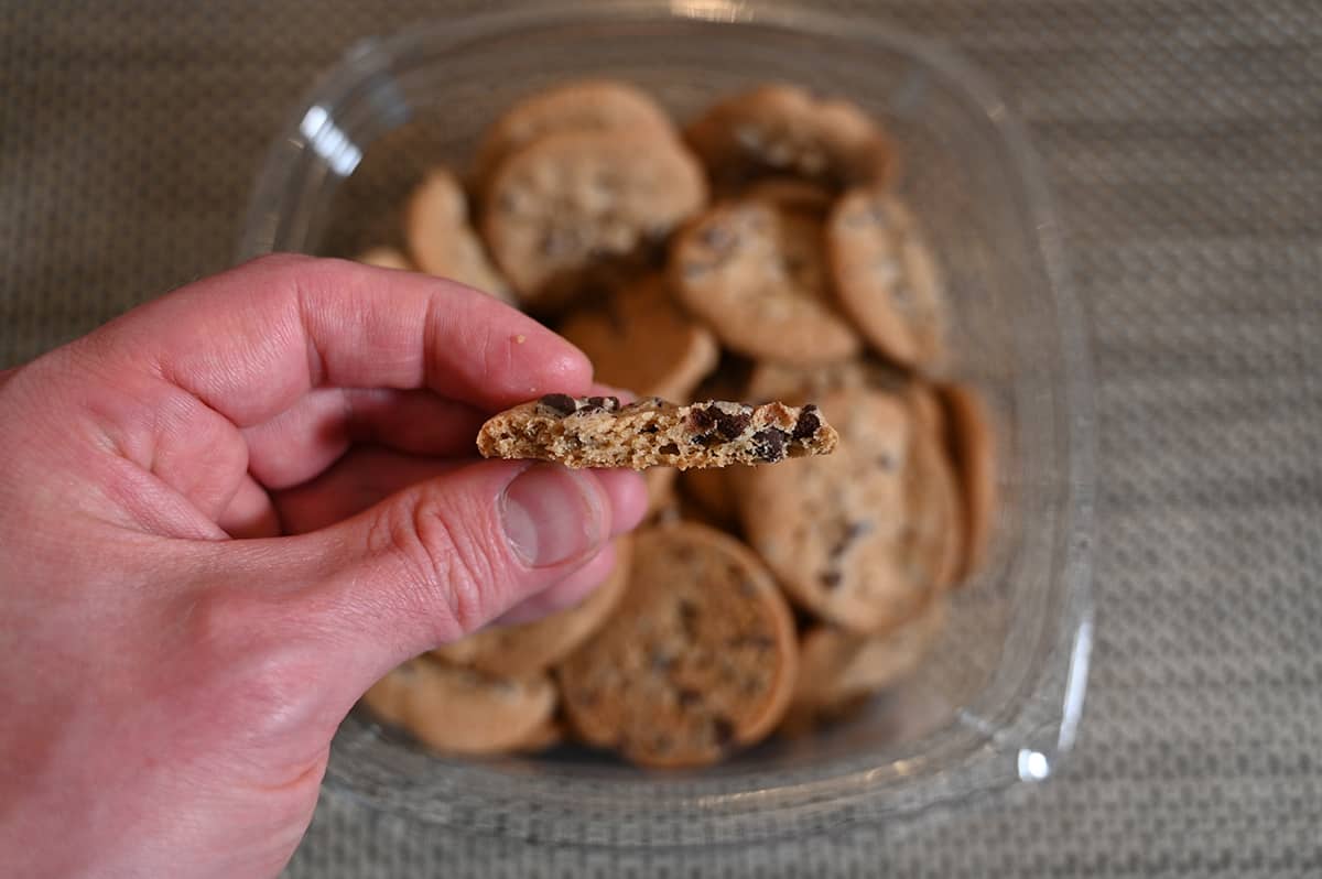 Closeup image of a hand holding one cookie close to the camera with a bite taken out of it so you can see the chocolate chips.