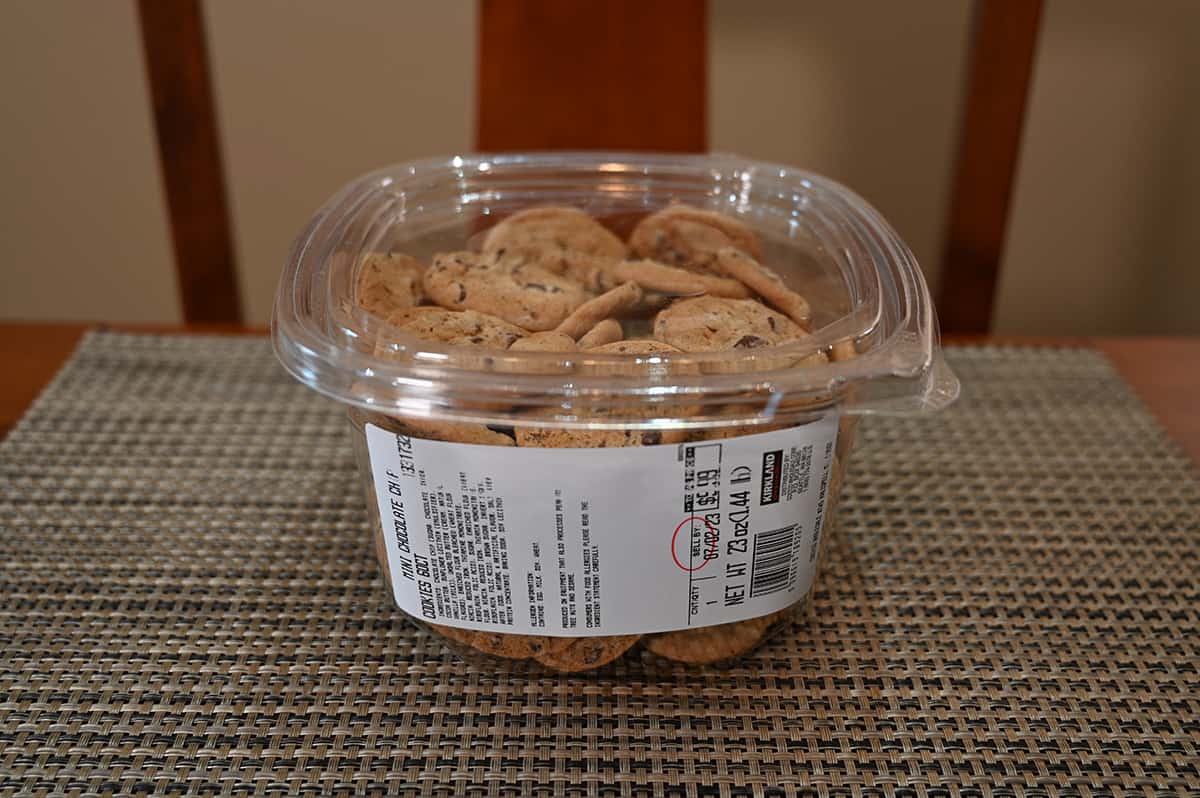 Image of the Costco Kirkland Signature Chocolate Chip Cookies container sitting on a table.