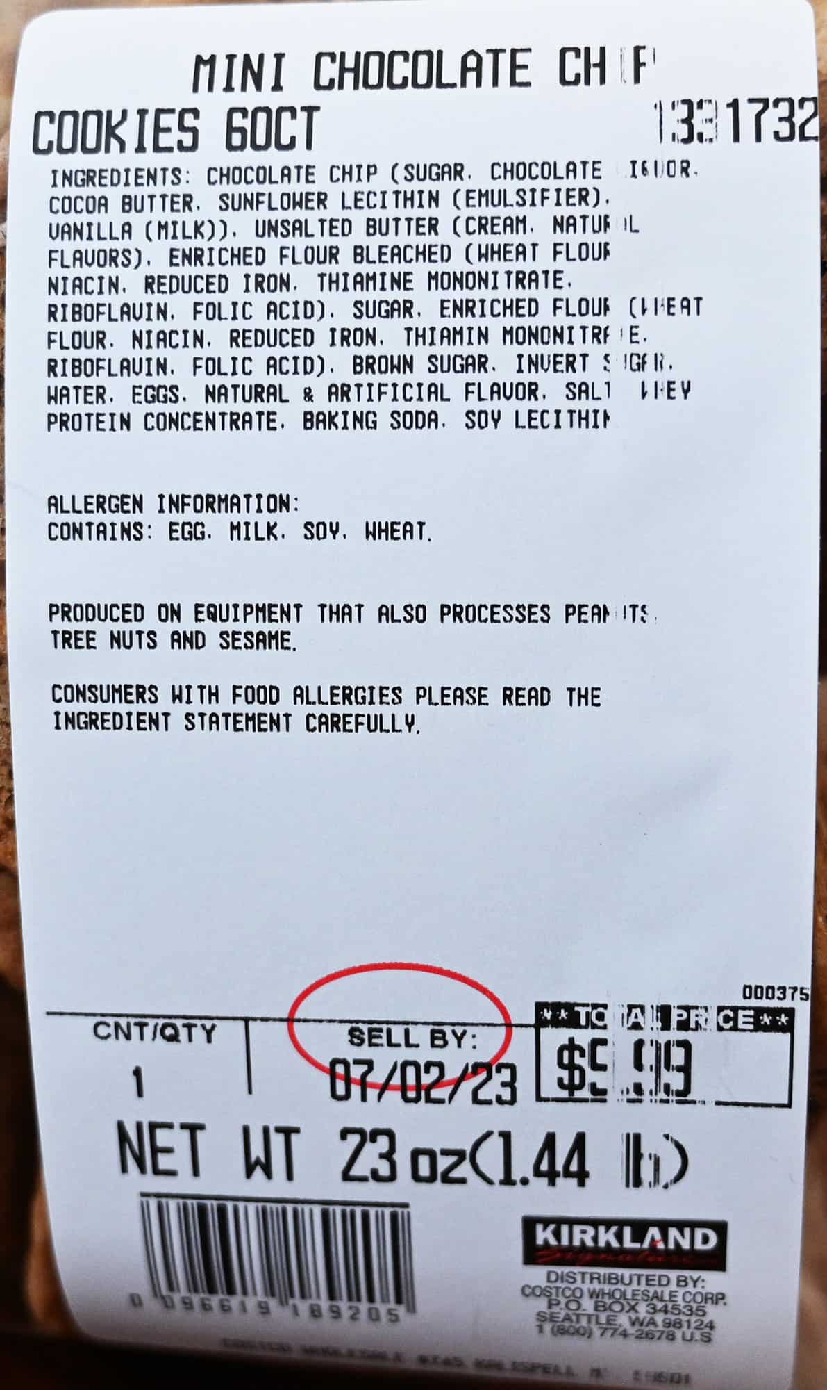 Closeup image of the full front label for the cookies showing cost, sell-by date, ingredients.