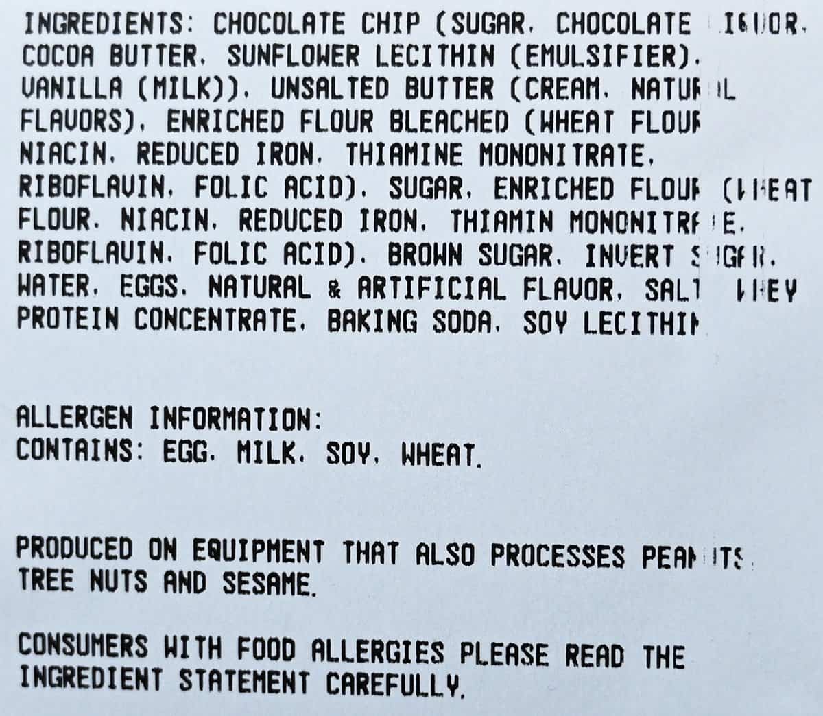Image of the ingredients label from the package of cookies.