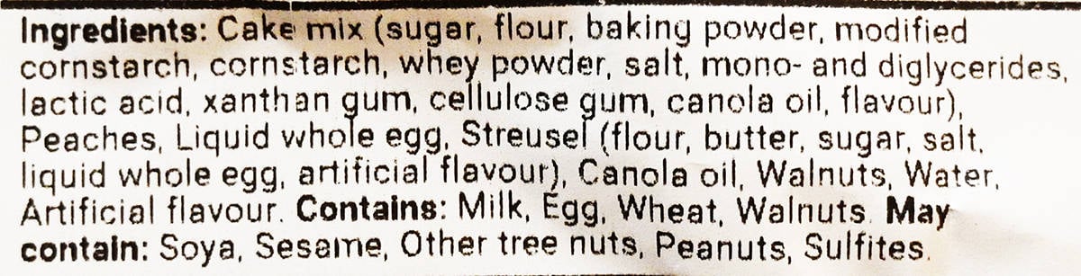 Image of the ingredients label for the coffee cake from the packaging,