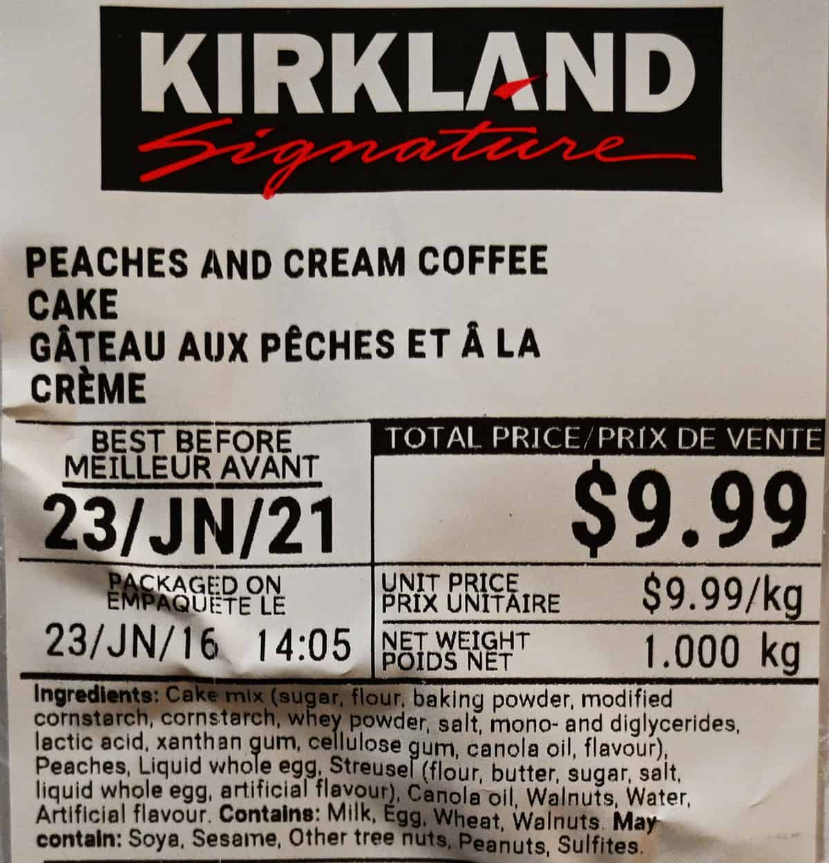 Closeup image of the front label from the peaches and cream coffee cake showing the best before date and cost.