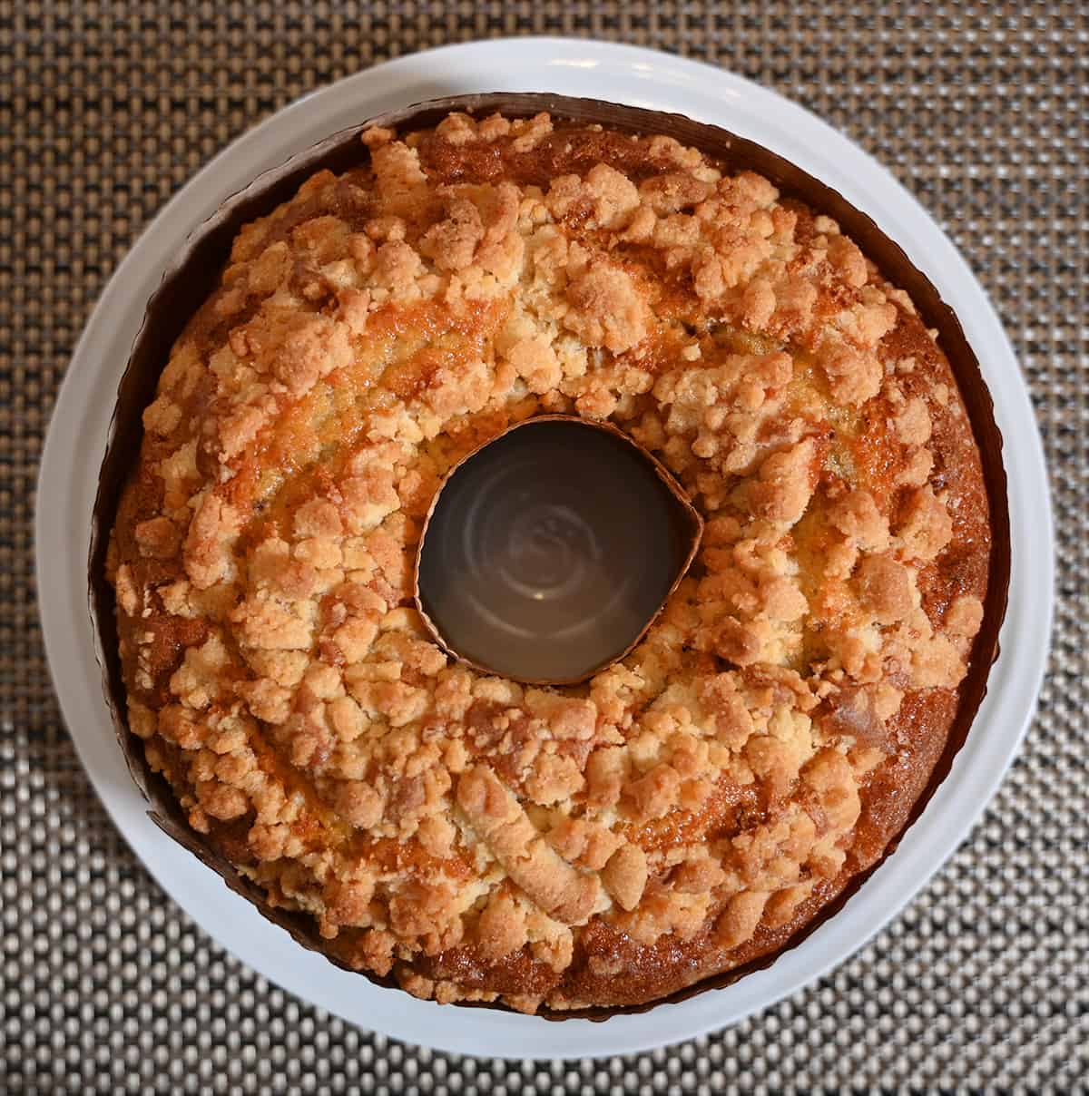 Top down image of the coffee cake showing the streusel on top.