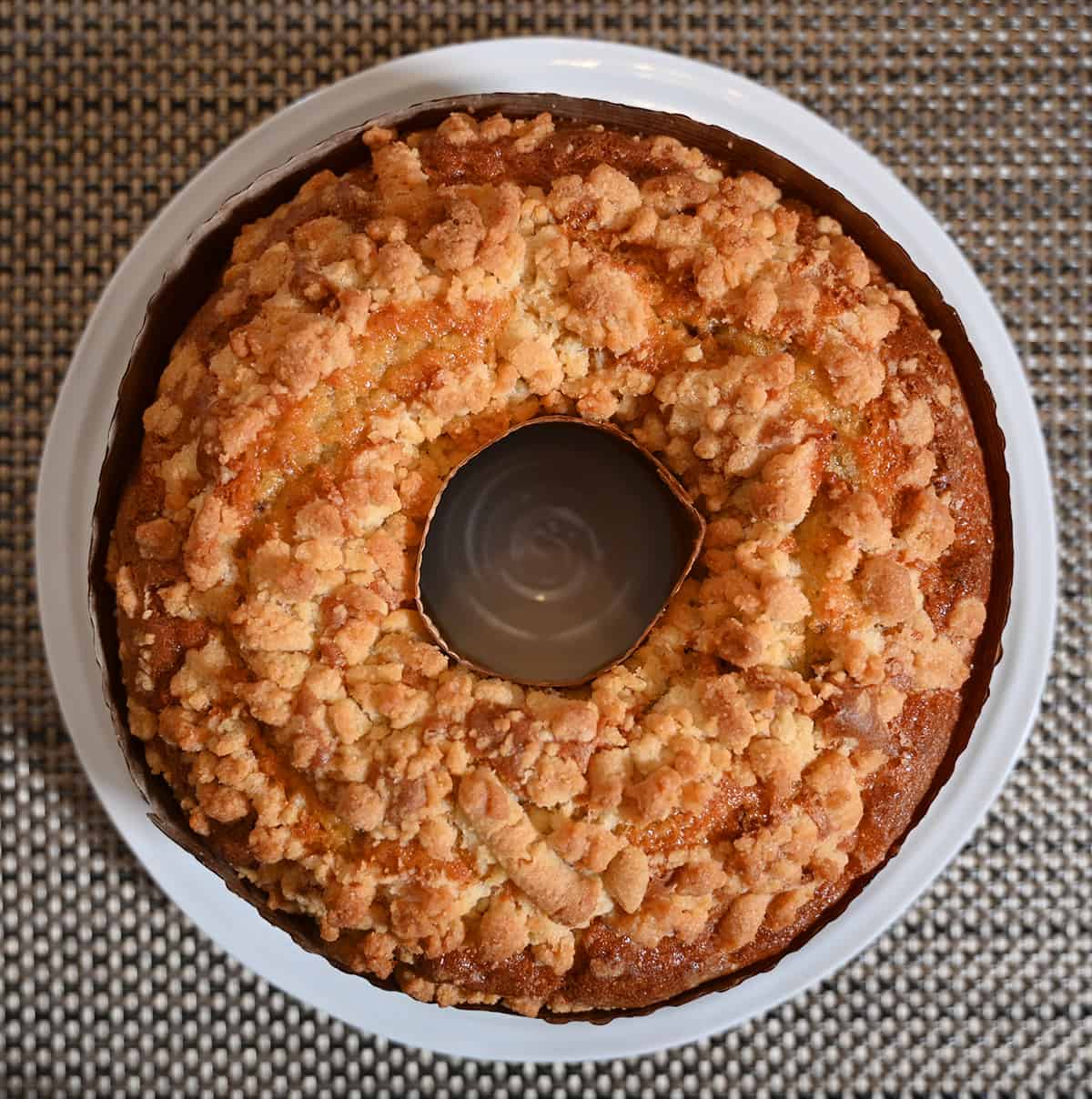 Top down image of the coffee cake showing the streusel on top.