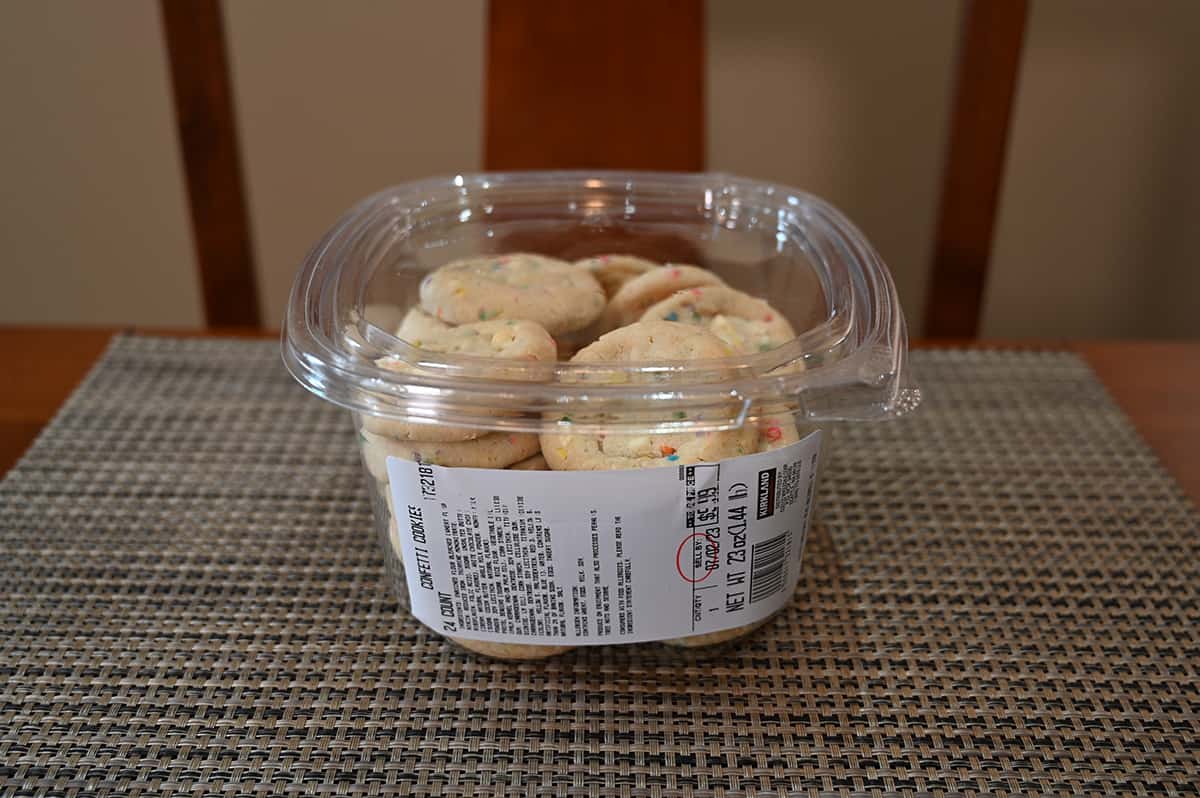 Image of the Costco Kirkland Signature Confetti Cookies container sitting on a table.