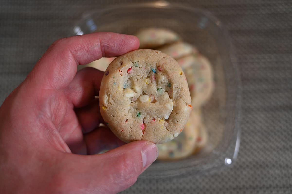 Closeup image of a hand holding one cookie close to the camera with the container of cookies in the background.