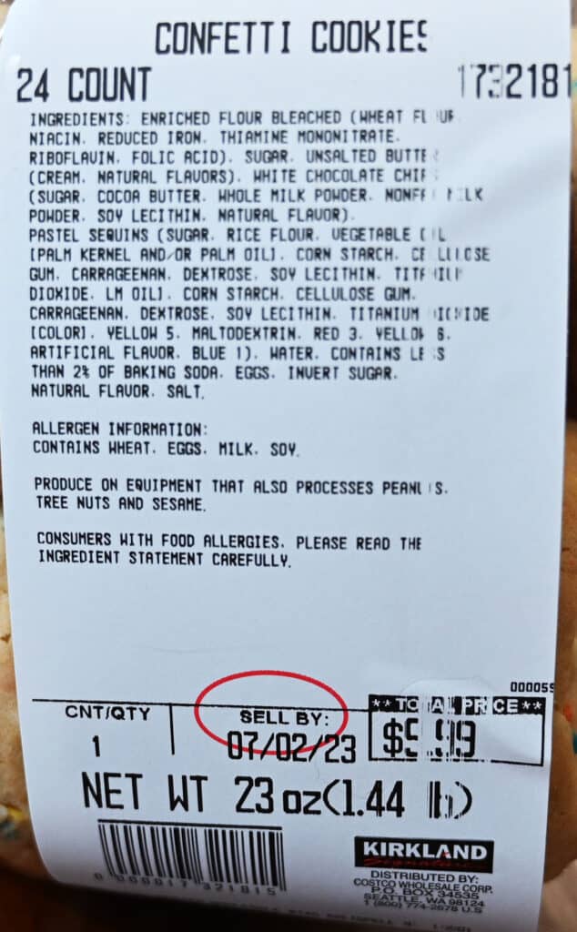 Closeup image of the front label on the cookies showing the allergen information and the cost.