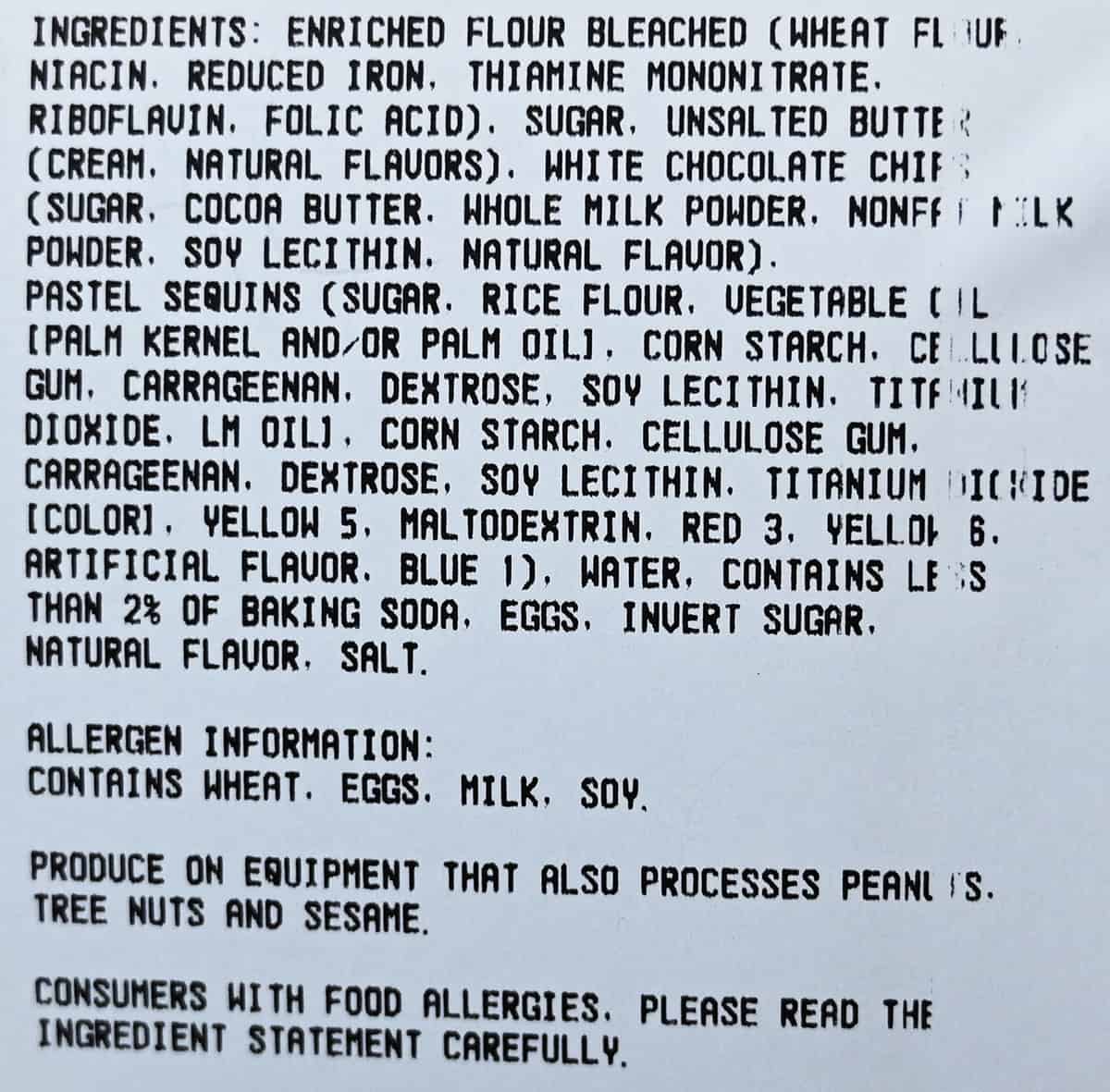 Closeup image of the ingredients label for the confetti cookies.