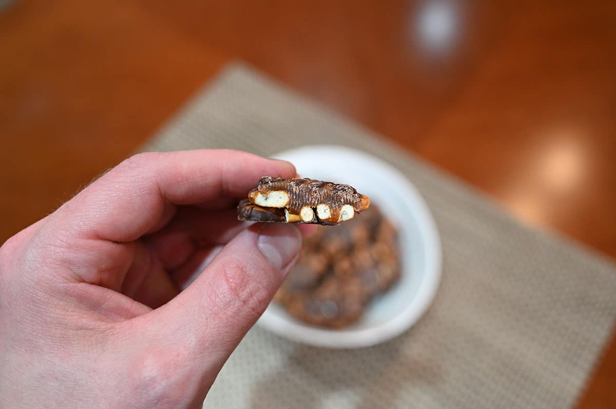 Closeup image of a hand holding one dark chocolate sea salt snapper with a bite taken out of it.