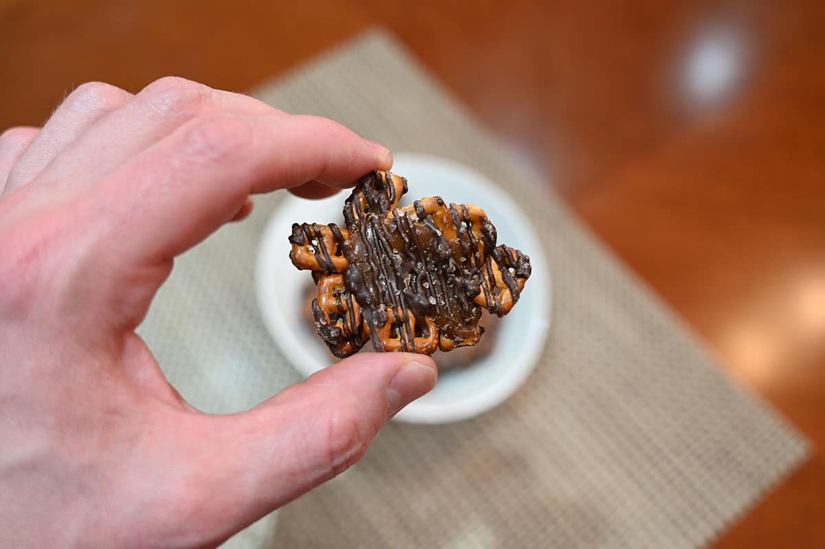 Closeup image of a hand holding one dark chocolate, sea salt, caramel & pretzel Snapper close to the camera so you can see it closely.