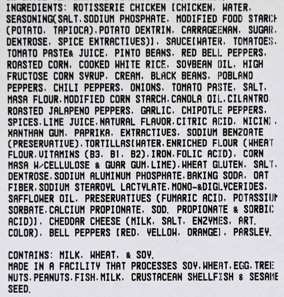 Image of the ingredients list for the enchilada bake from Costco from the packaging.