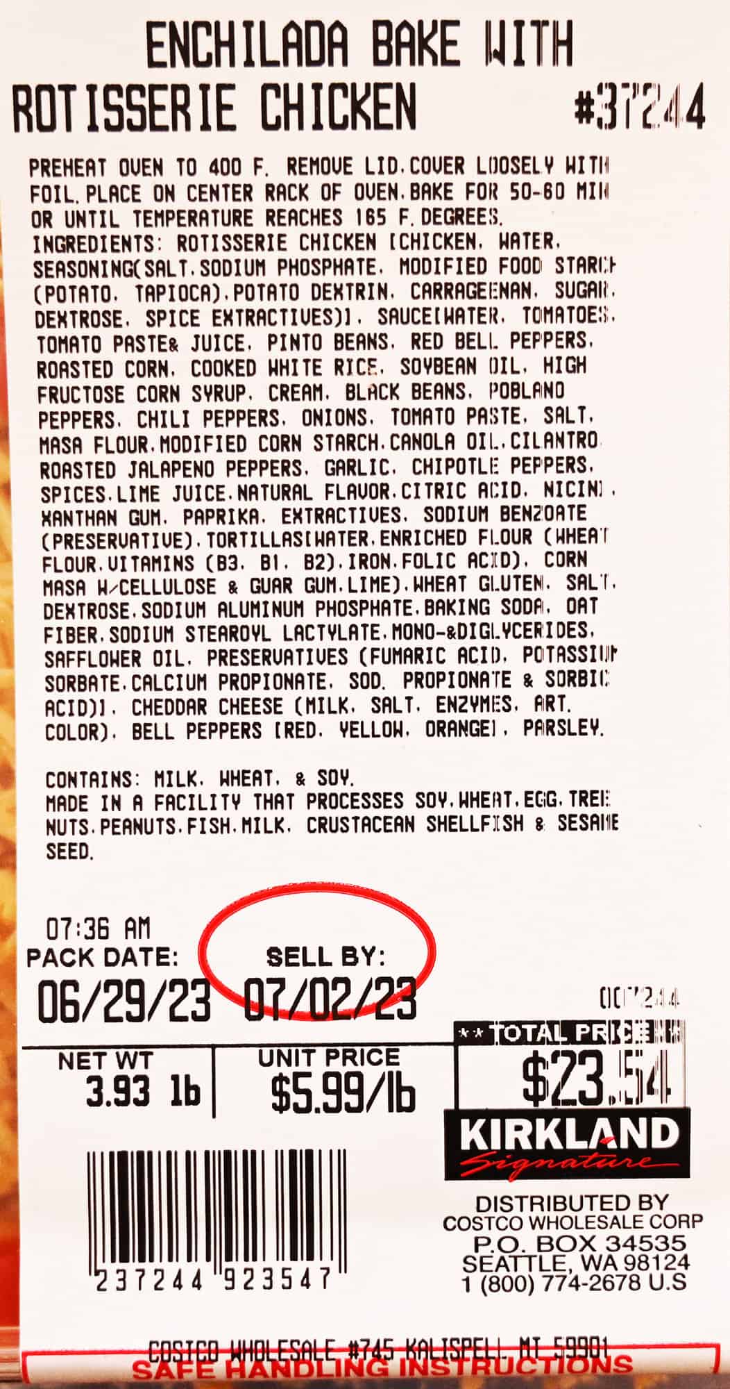 Image of the label from the Enchilada Bake showing ingredients, cost and best before date.