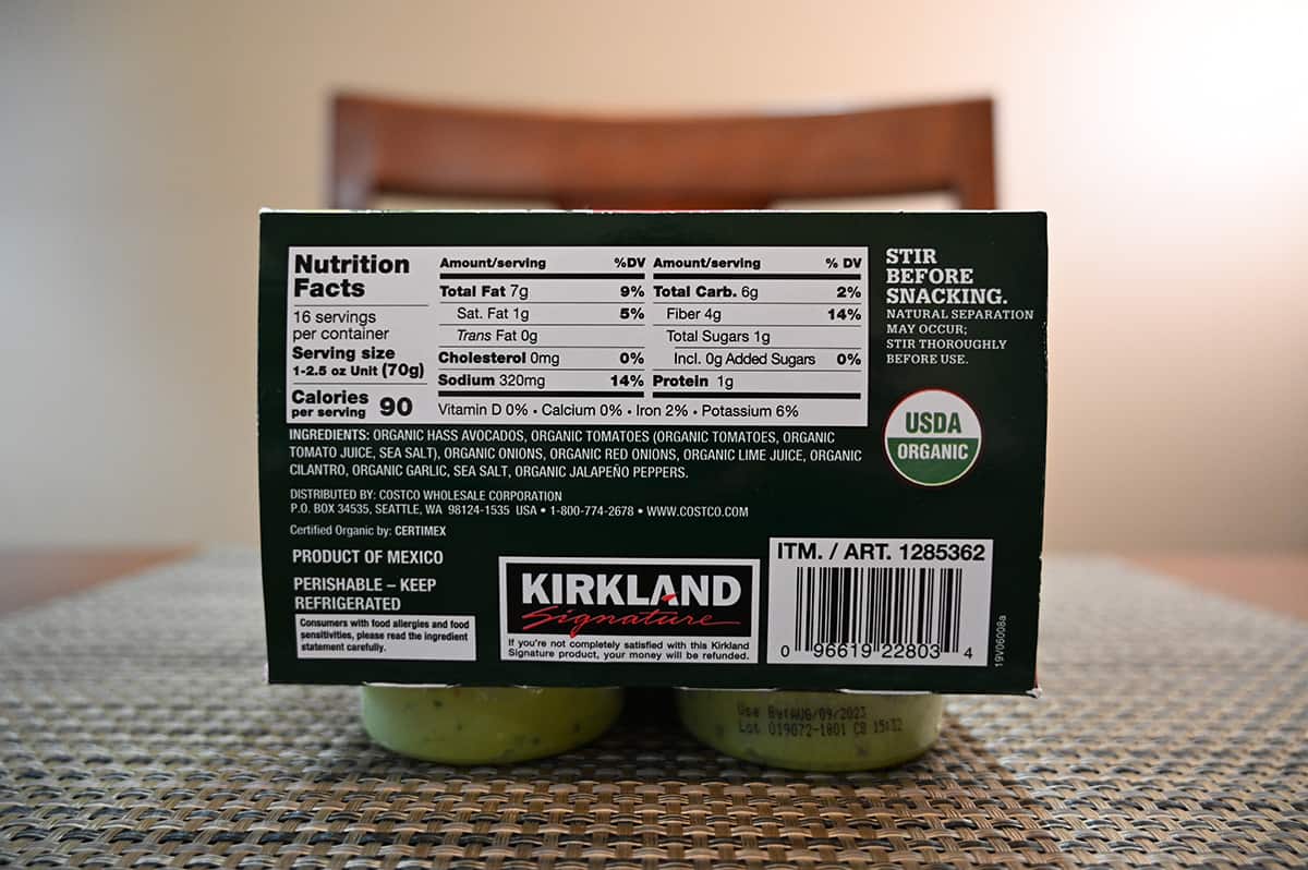 Image of the back of the box of the guacamole showing that it's made in Mexico and should be stirred before consuming.