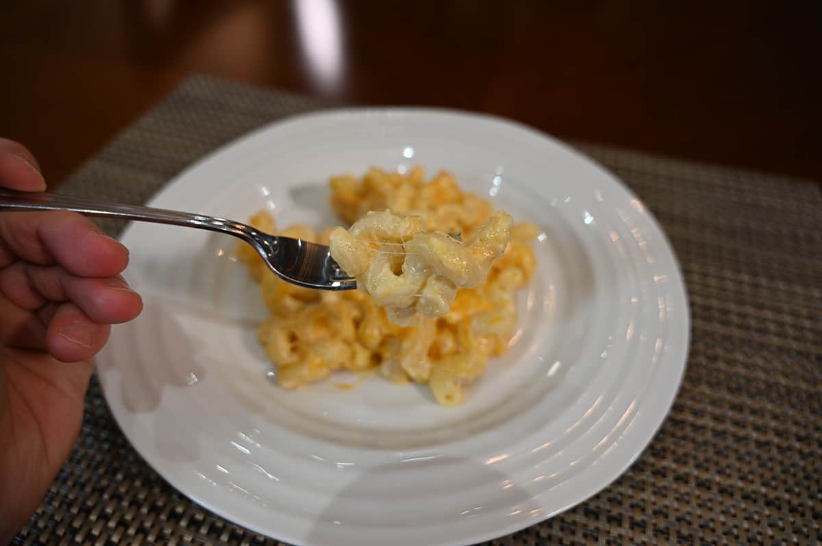 Closeup image of a fork with mac and cheese on it. In the background of the image there is a plate of macaroni and cheese.