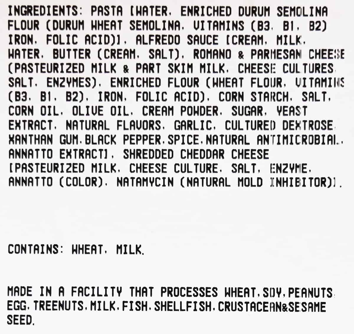 Image of the Costco Mac and Cheese ingredients list from the package.