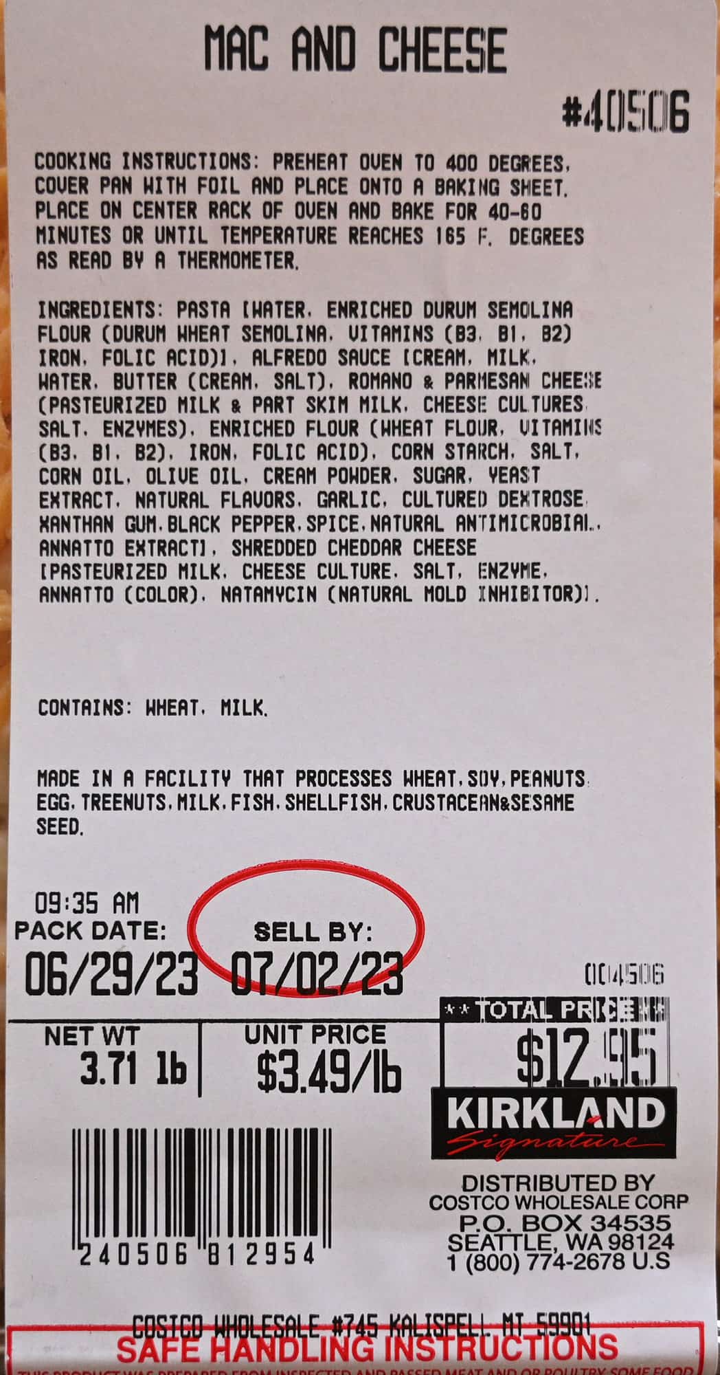 Closeup image of  the front label on the mac and cheese showing cooking instructions, ingredients, best before date and cost.
