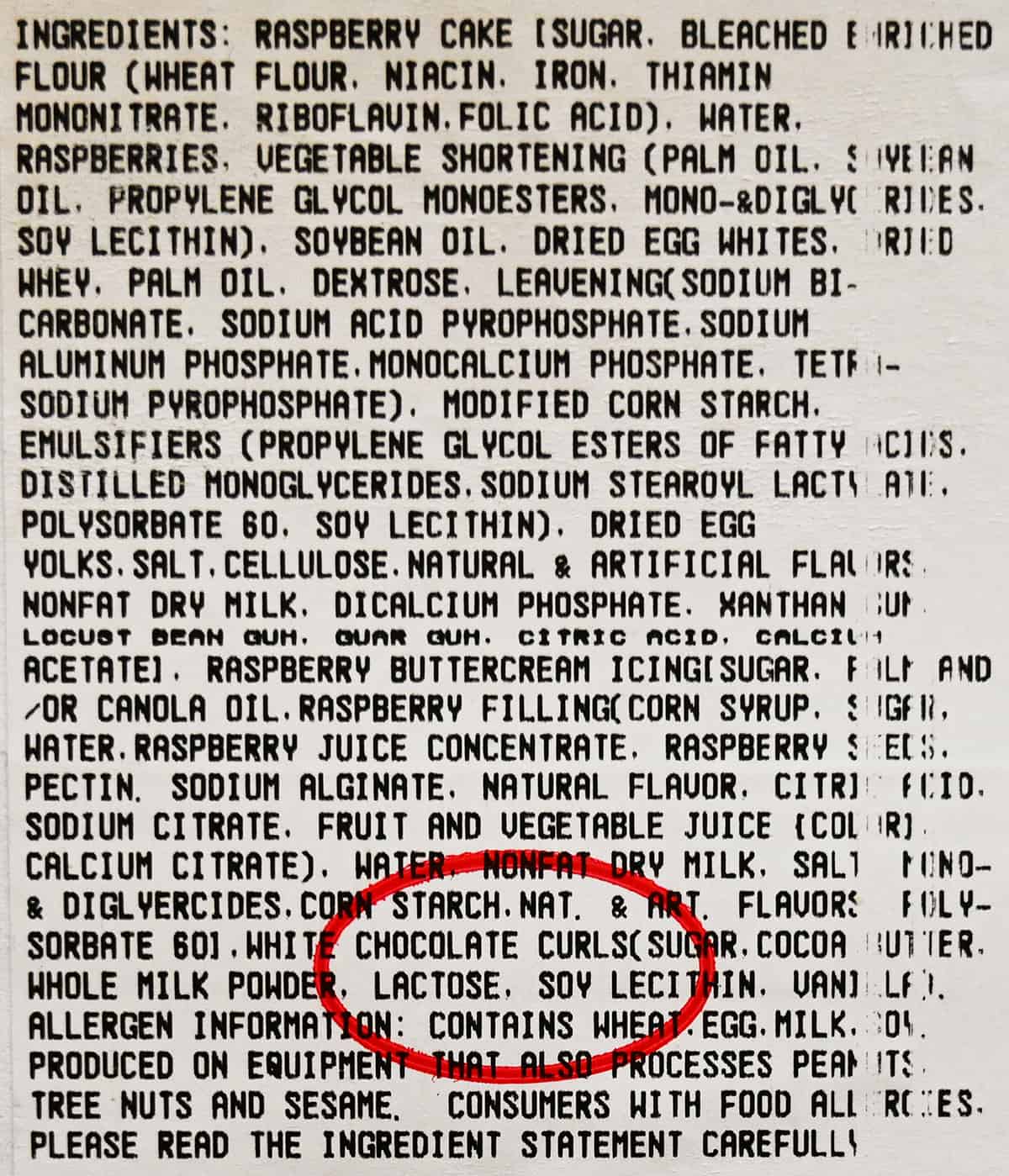 Image of the ingredients list for the mini cakes from the package. 