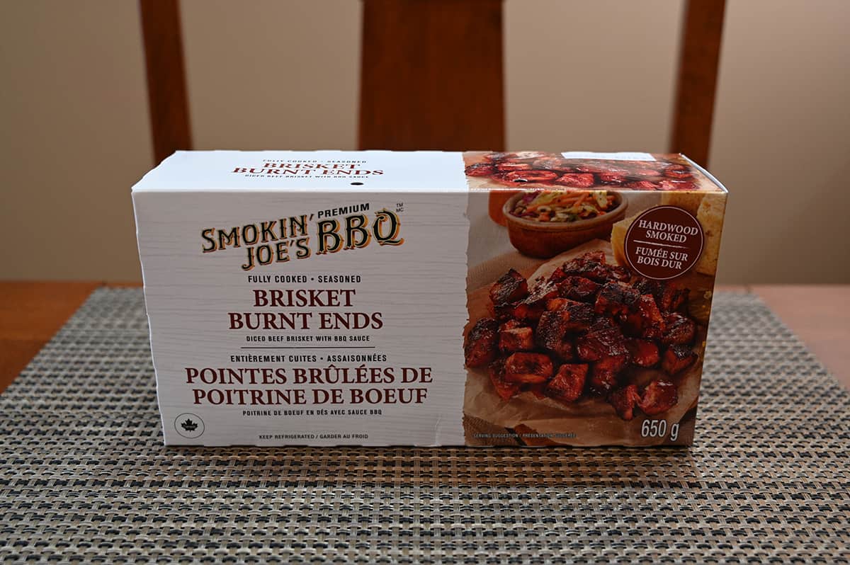 Image of the Costco Smokin' Joe's BBQ Brisket Burnt Ends box sitting on a table.