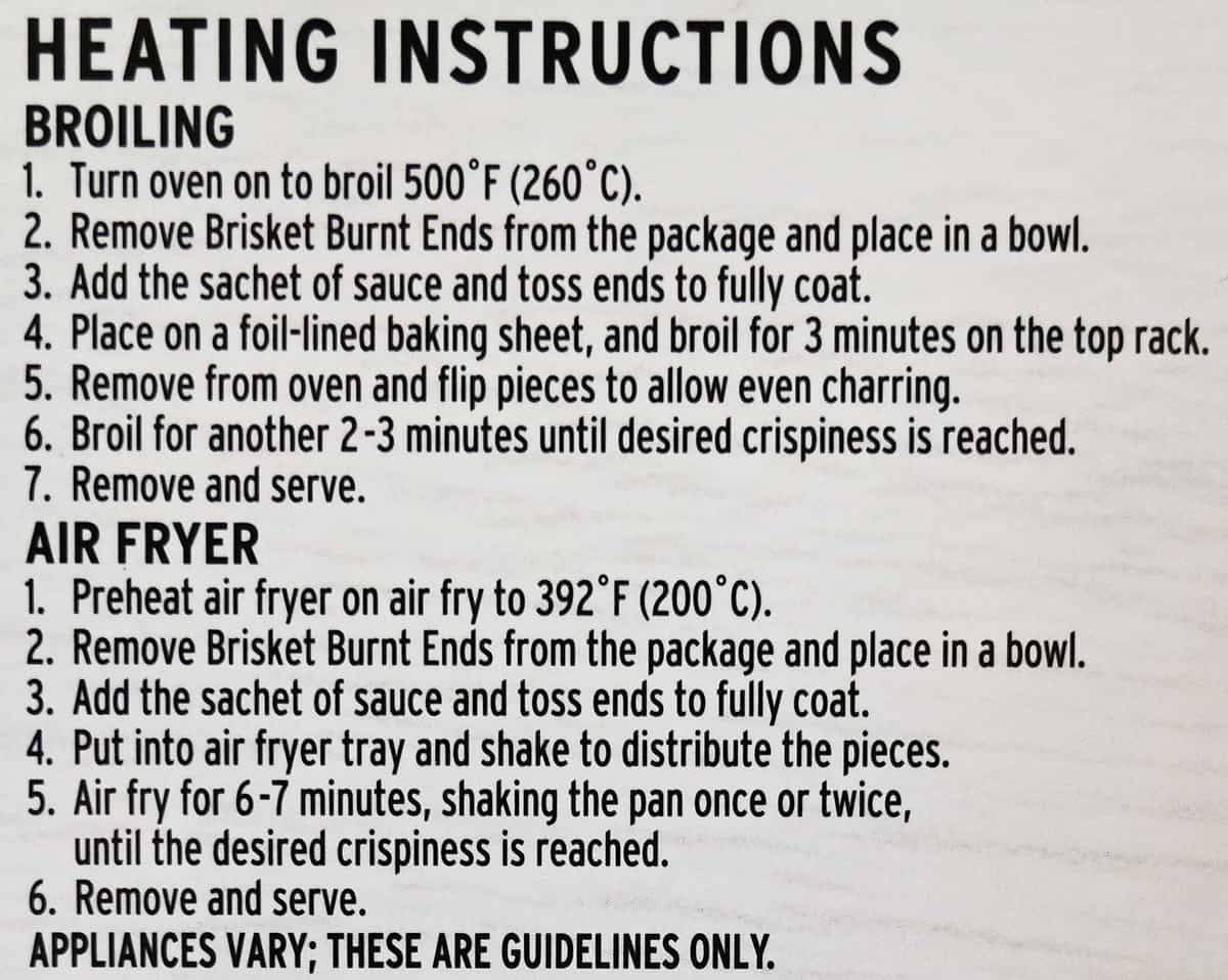Image of the heating instructions for the burnt ends from the box.