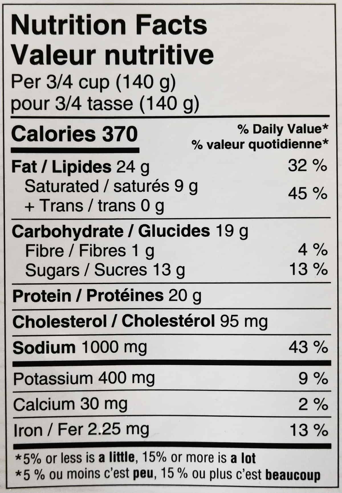 Image of the nutrition facts for the burnt ends from the box.