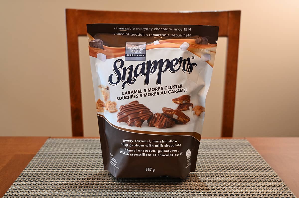 Image of the Costco Caramel S'mores Snappers bag sitting on a table.