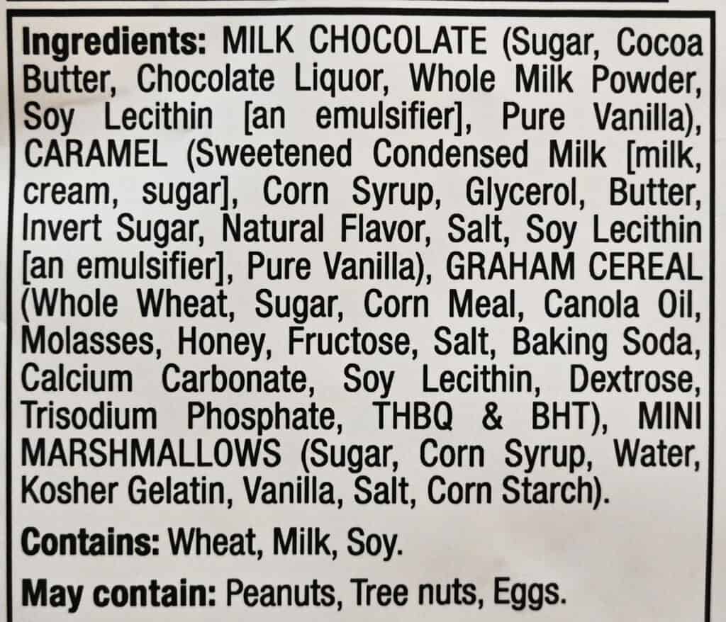 Image of the Caramel S'mores ingredients list from the back of the bag.