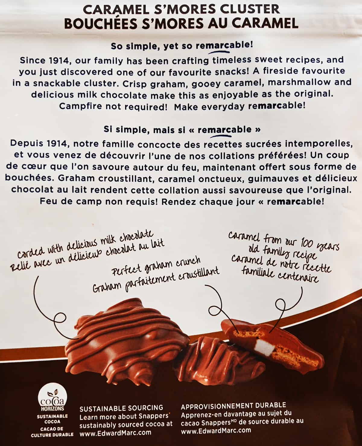 Closeup image of the back of the caramel & pretzel Snappers showing the product description.