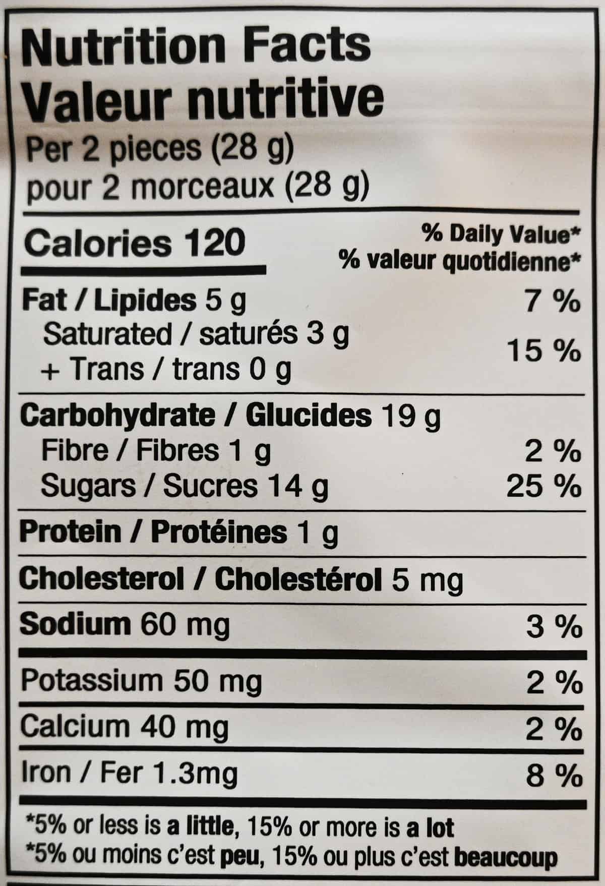 Image of the Caramel S'mores Snappers nutrition facts from the back of the bag.