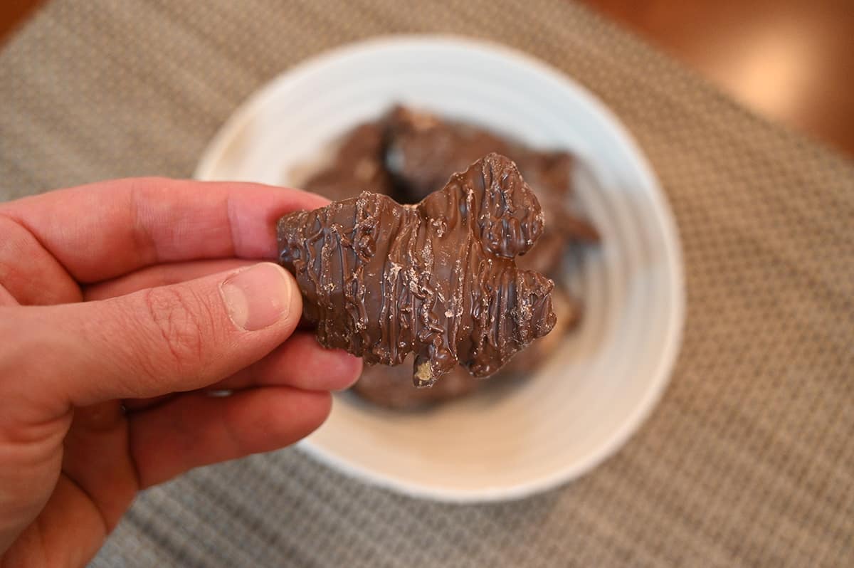 Closeup image of a hand holding one caramel s'more Snapper close tp the camera with a bowl full of them in the background.