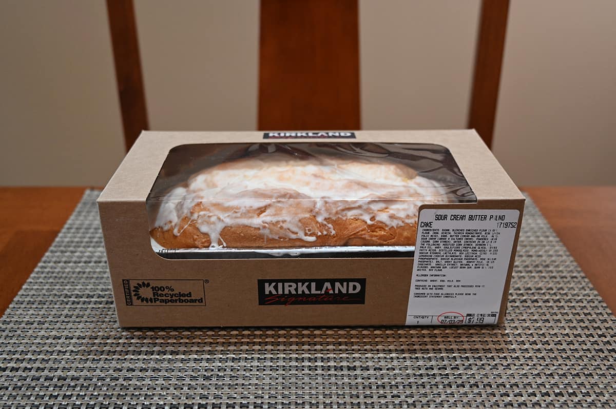Costco Kirkland Signature Sour Cream Butter Pound Cake in the packaging sitting on a table.