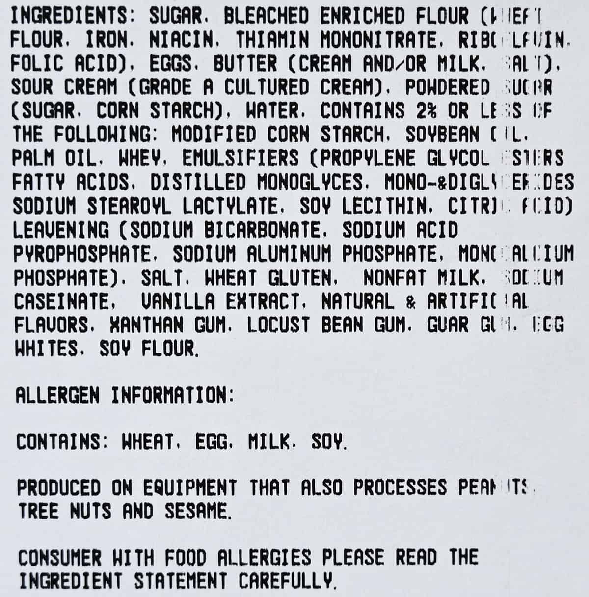 Image of the ingredients label for the pound cake.