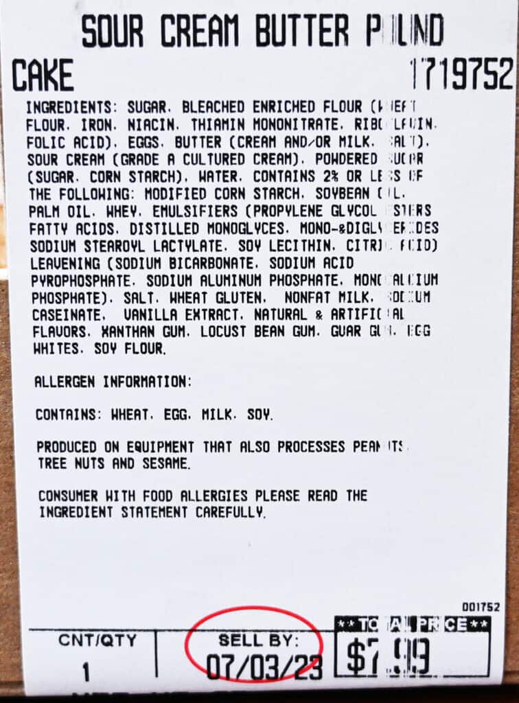 Image of the front label from the pound cake showing the ingredients, cost and best before date.