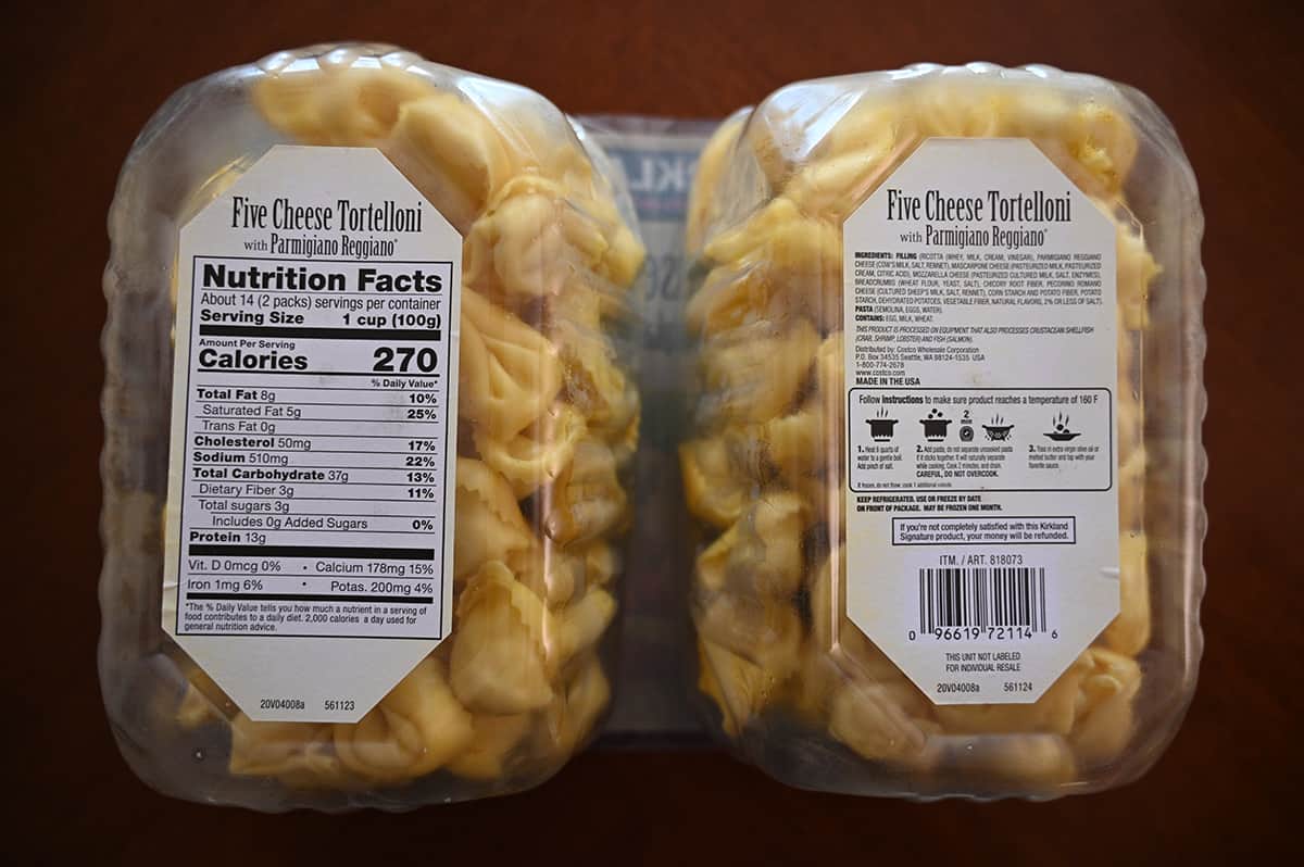 Image of the back of the two pack of Costco Five Cheese Tortelloni showing the cooking instructions, nutrition facts and ingredients.