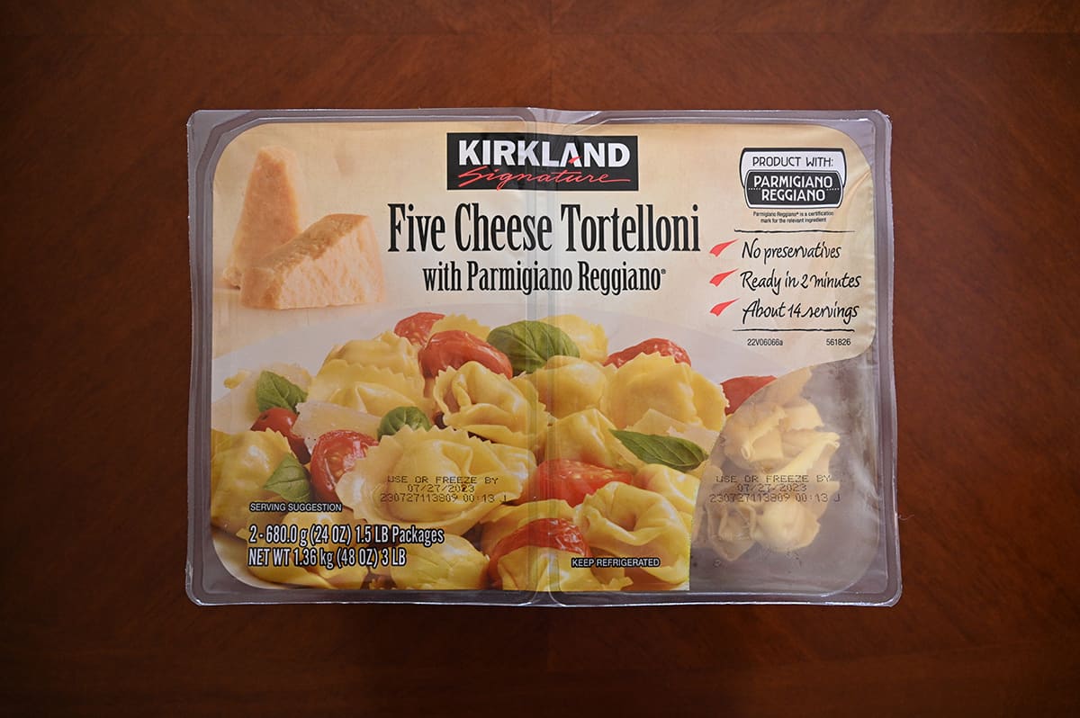 Image of the Costco Kirkland Signature Five Cheese Tortelloni two pack sitting on a table.