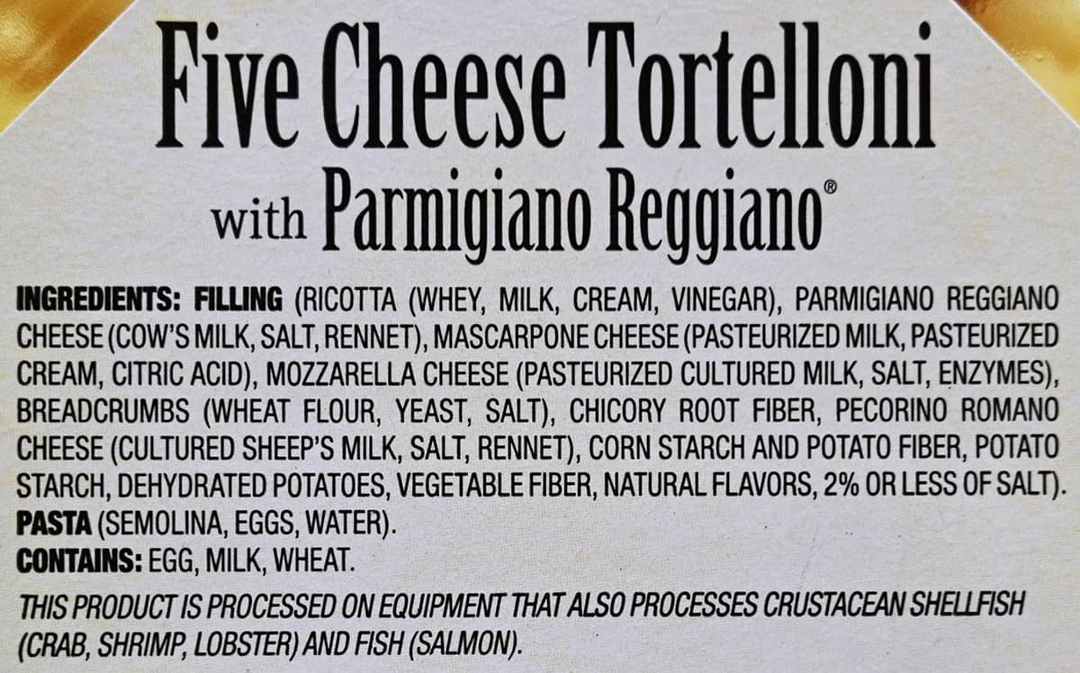 Image of the ingredients list for the tortelloni from the back of the package.