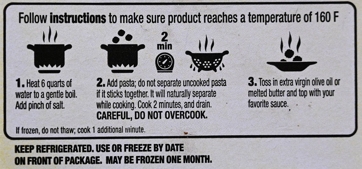 Image of the cooking instructions for the tortelloni from the back label.