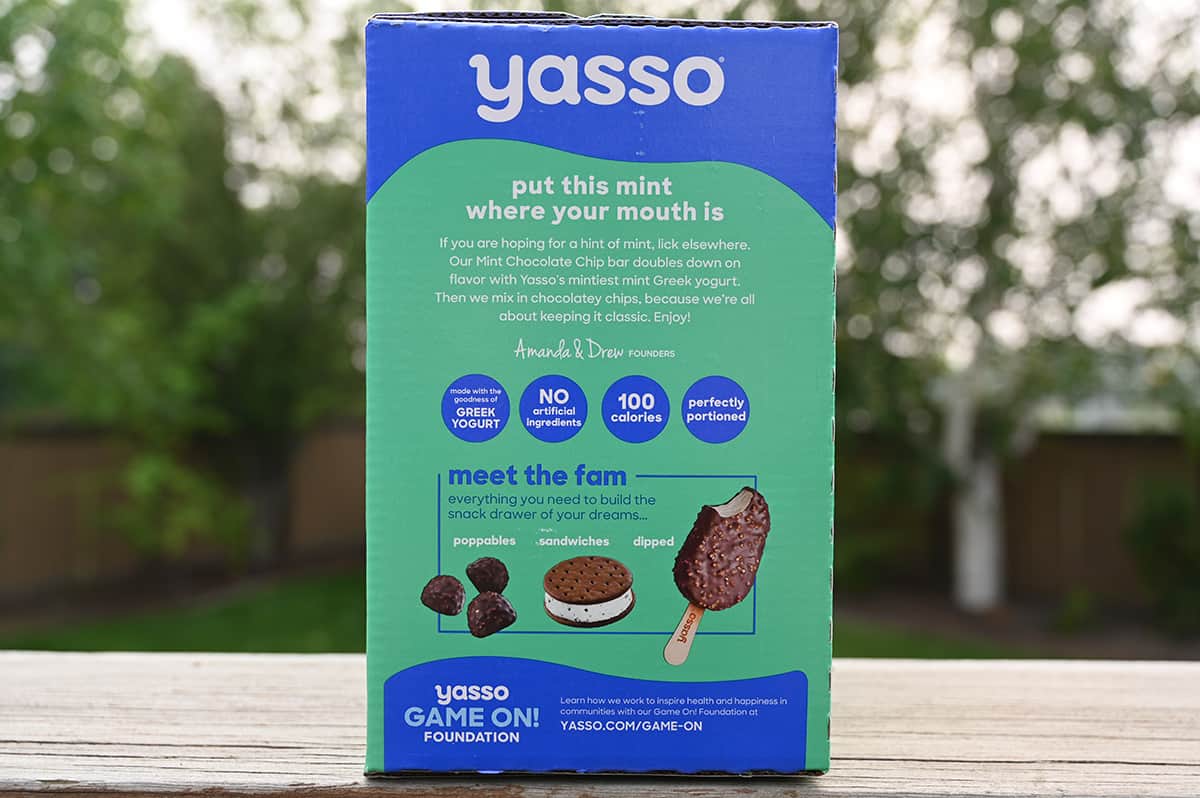 Image of the back of the Yasso box showing the bars are made with Greek yogurt and have no artificial ingredients.