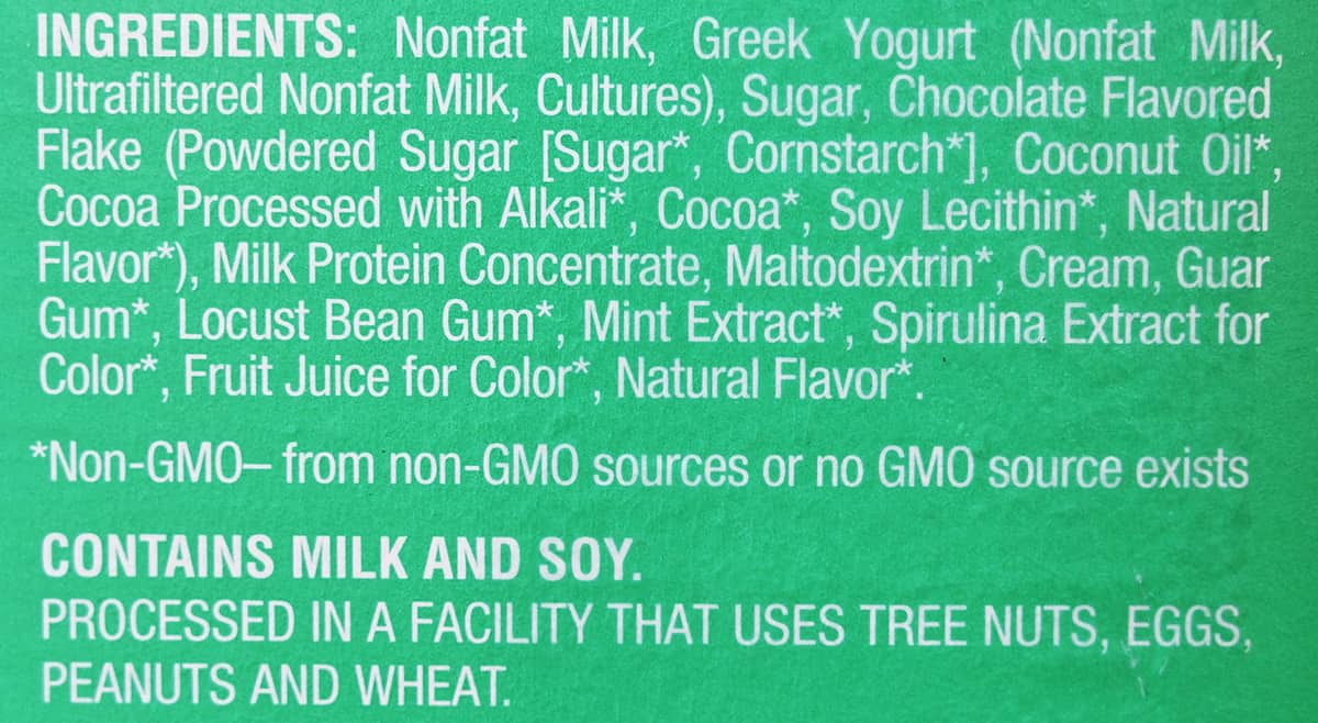 Image of the Yasso Mint Chocolate Chip ingredients list from the back of the box.