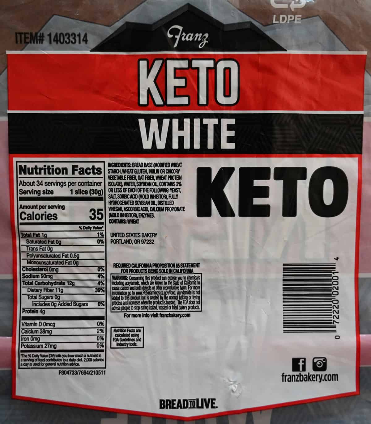 Image of the back of the bag of keto bread showing where it's made, nutrition facts and ingredients.