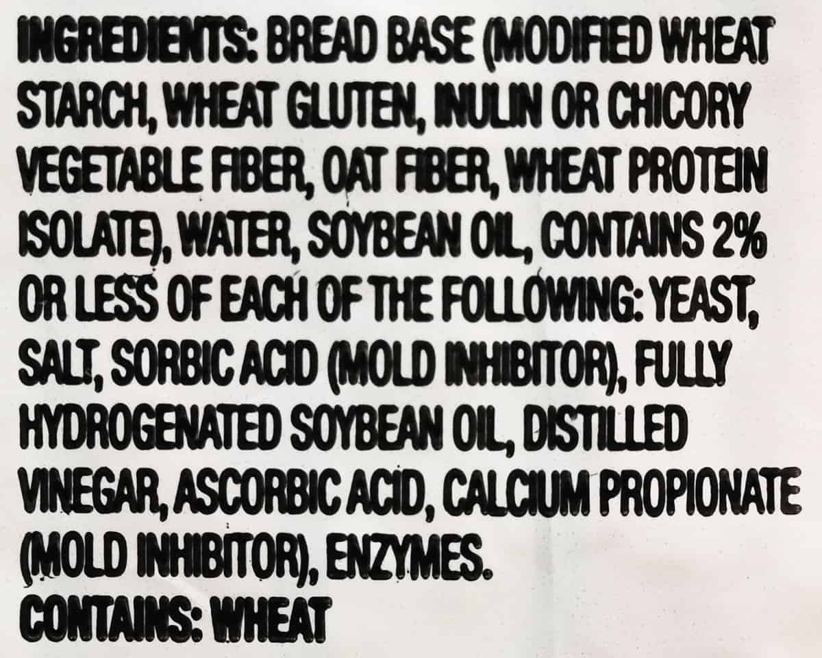 Image of the ingredients list for the bread from the back of the bag.