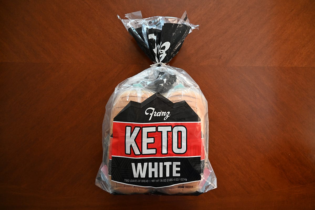 Top down image of the Costco Franz Keto Bread two-pack sitting on a table.