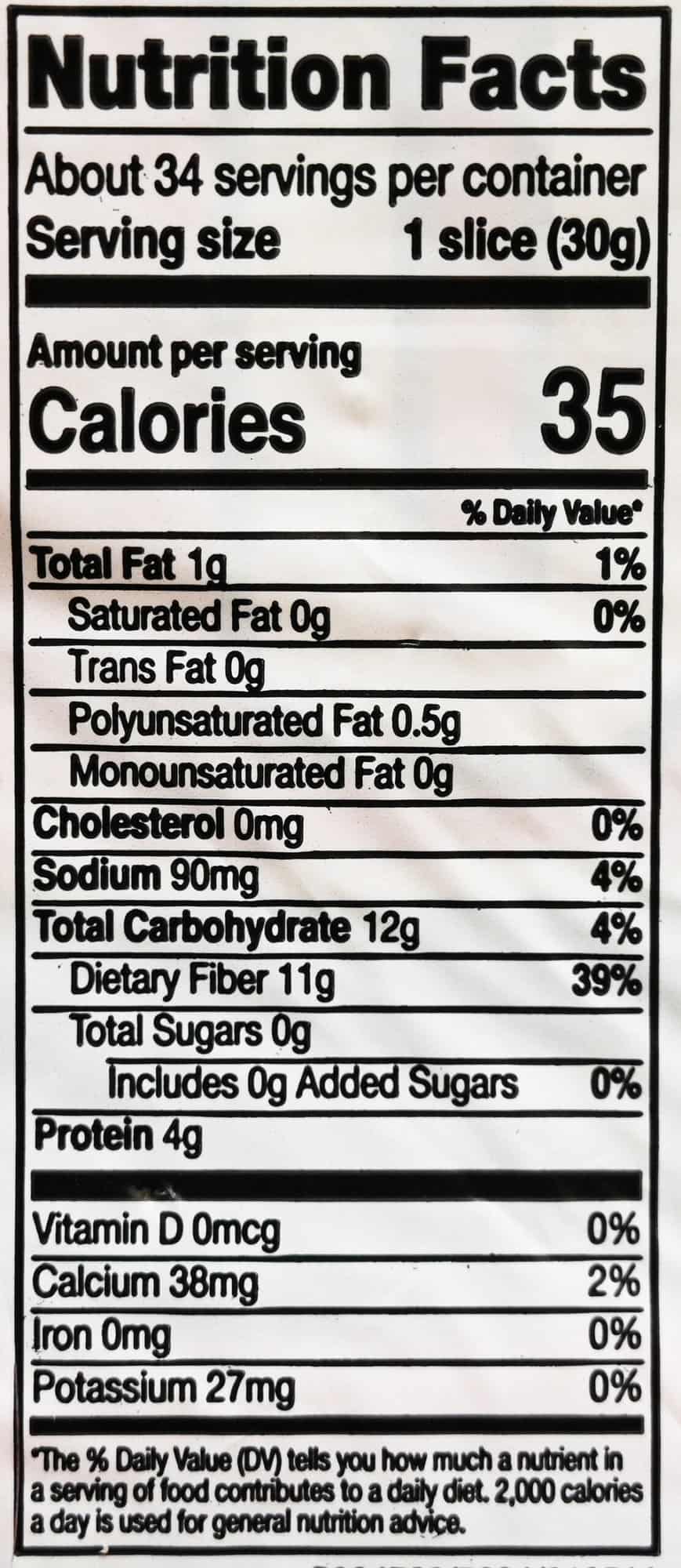 Image of the nutrition facts for the bread from the back of the bag.