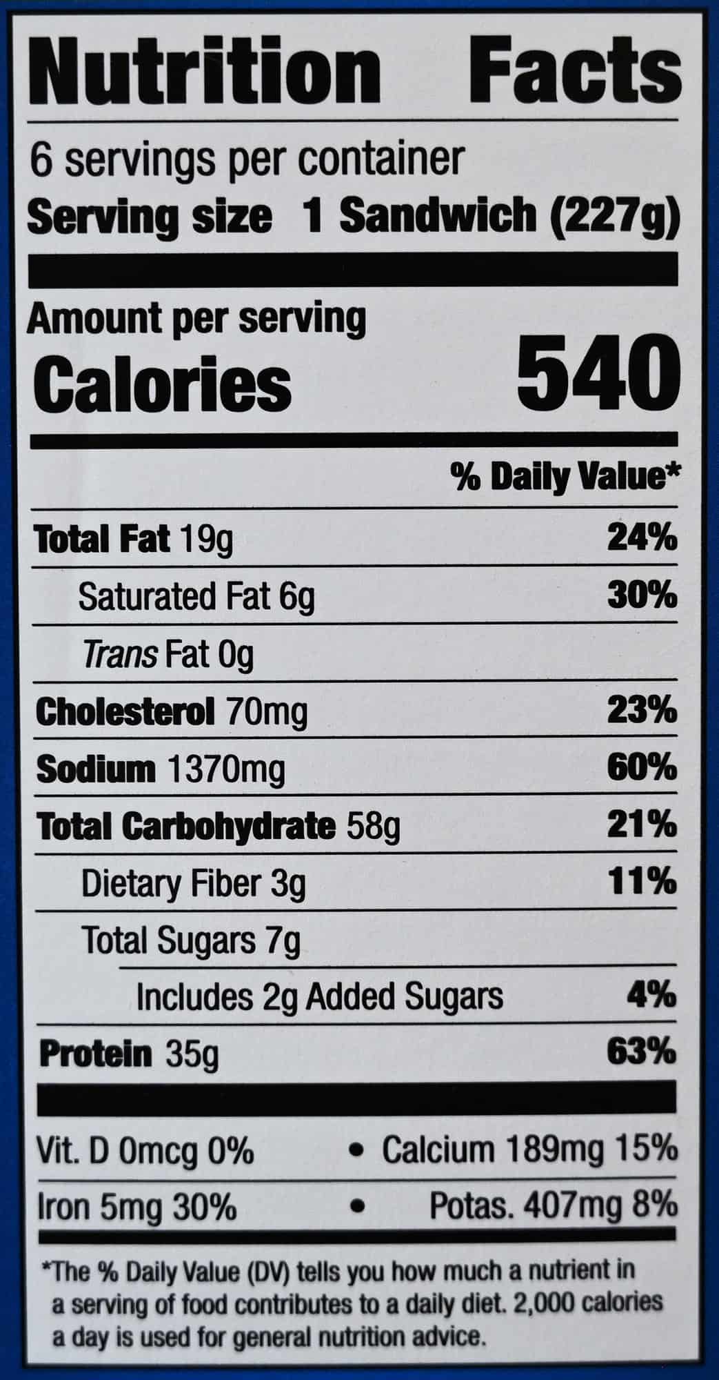 Image of the nutrition facts for the chicken bakes from the back of the box.