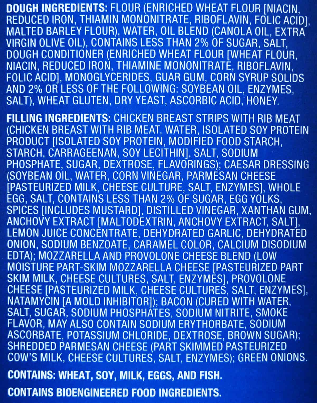 Image of the ingredients list for the chicken bakes from the back of the box.