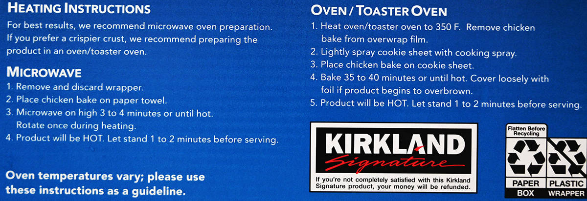 Image of the heating instructions for the chicken bakes from the back of the box.