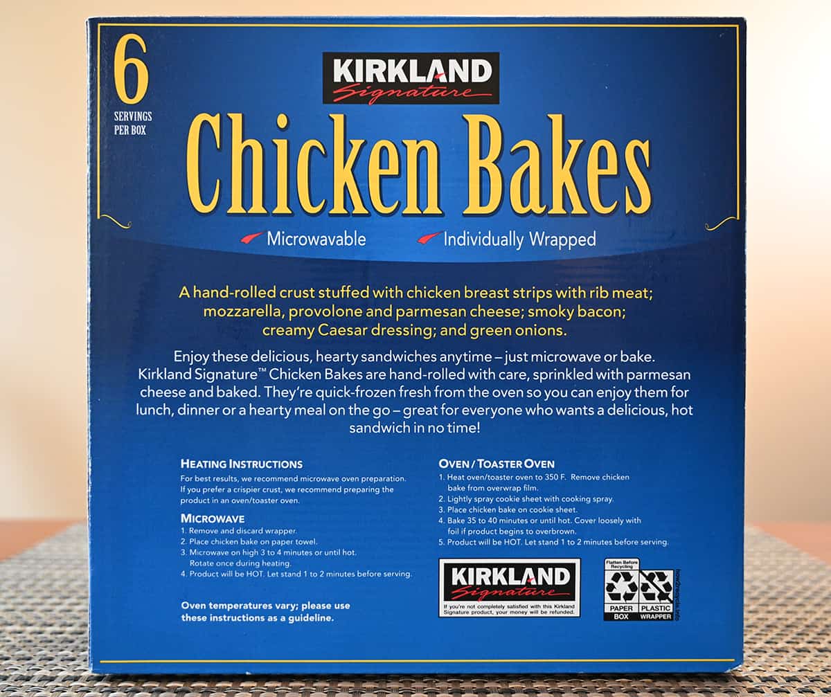 Closeup image of the back of the box of the chicken bakes showing the product description and heating instructions 