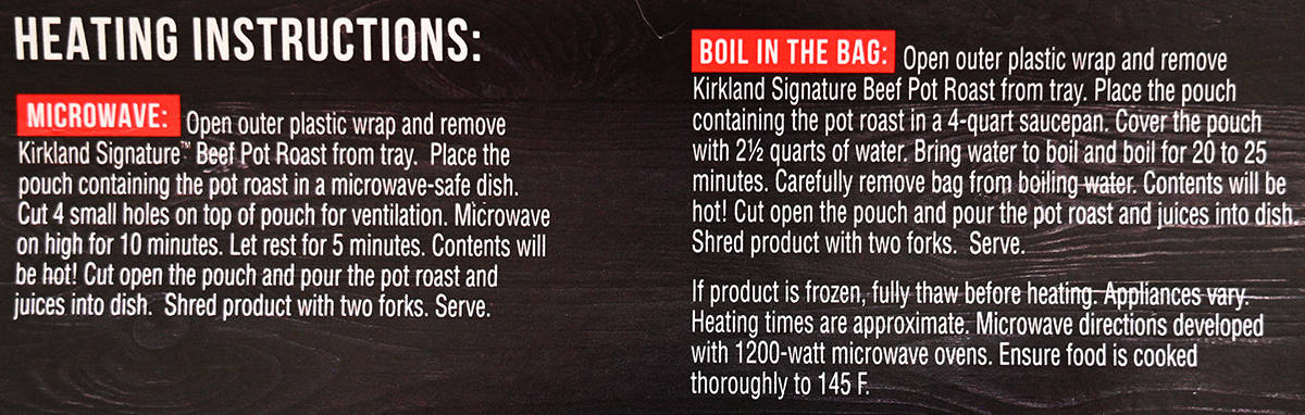 Image of the heating instructions for the beef pot roast from the back of the package. 